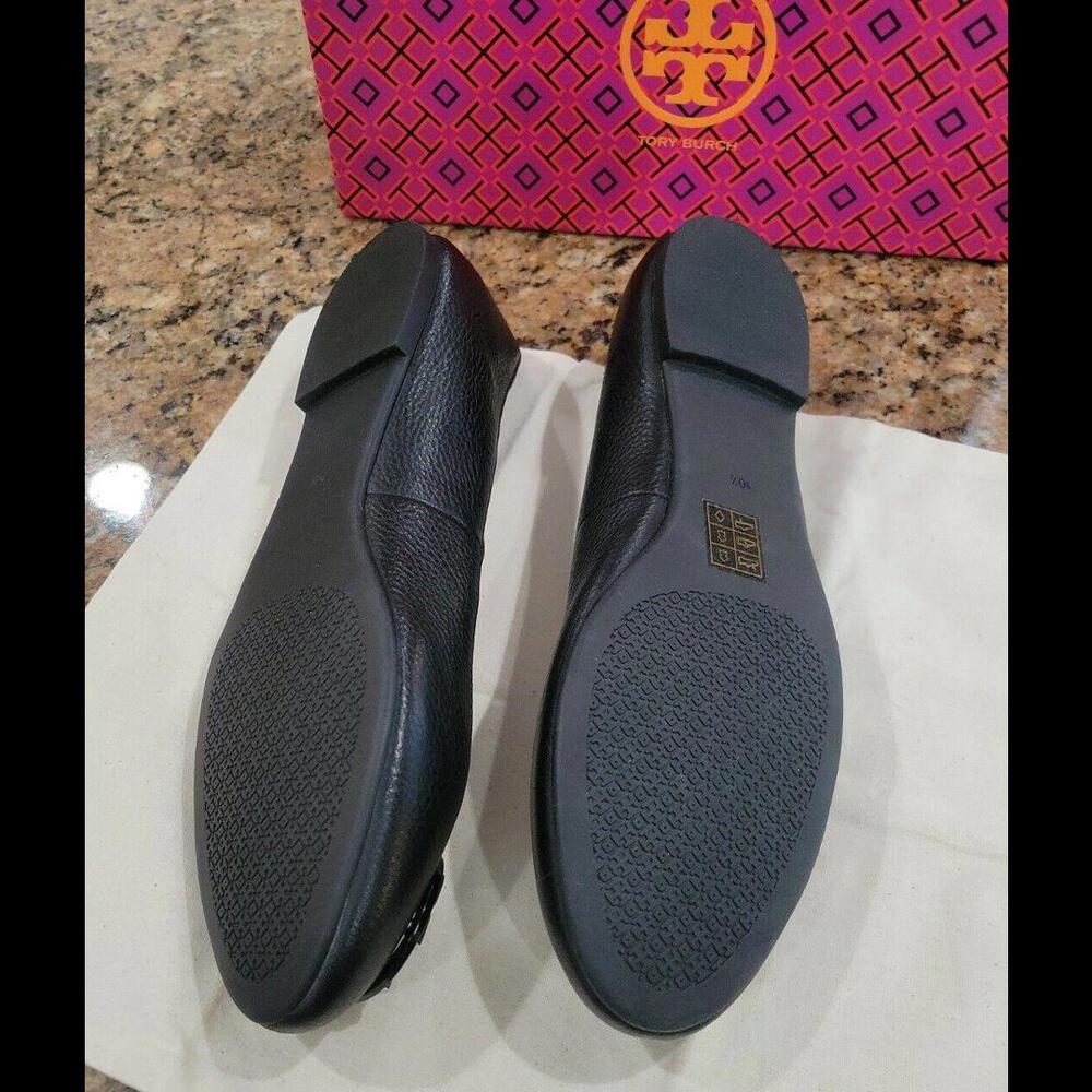 TORY BURCH Silver Logo Claire Black TUMBLED LEATHER BALLET Flat Womens Shoe 10.5 - Picture 8 of 12
